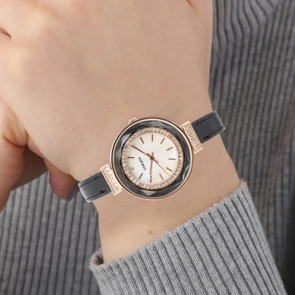 Austrian Crystal, Enameled Japanese Movement Watch. Black Faux Leather Band